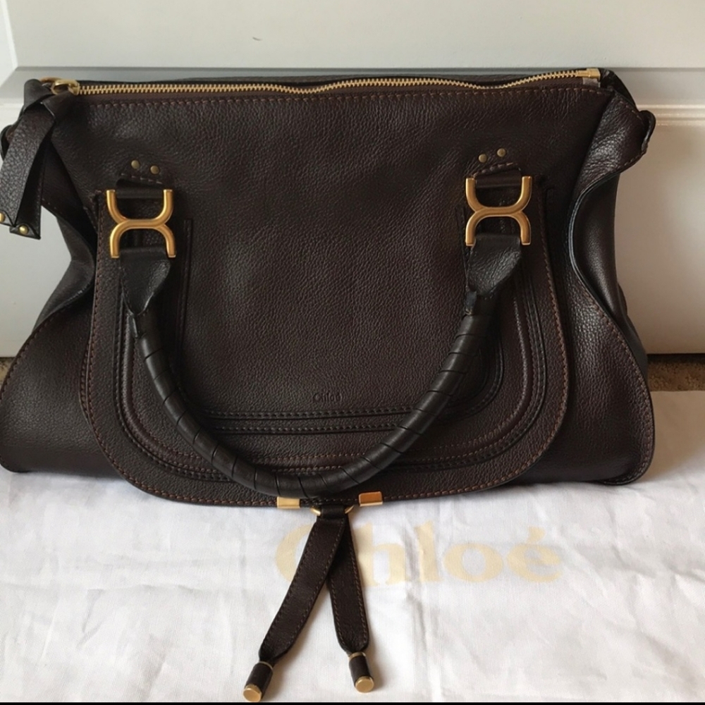 Chloe Marcie Large Handbag Satchel Dark Brown Orange Stitching
